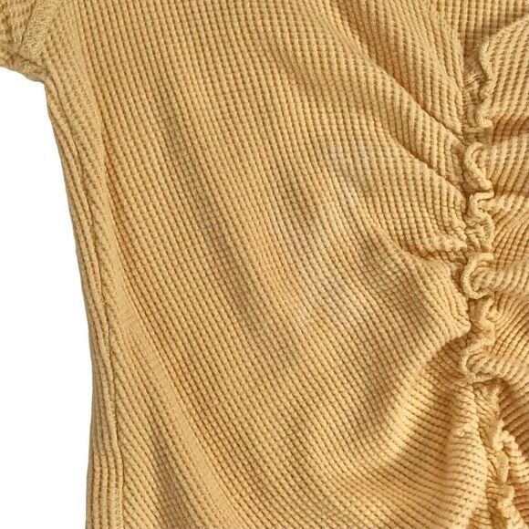 Womens Vintage Y2K Style Yellow Casual Short Sleeve Ribbed Ruched Crop Top / S - Picture 5 of 7